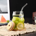 Drinking Glass Cup with Glass Straw and Wooden Lid