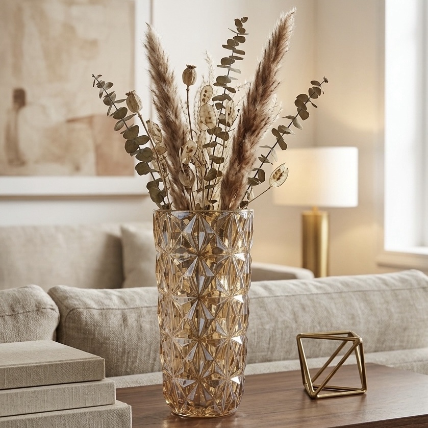 img_3799 Diamond Cut Glass Vase - Amber - 28 cm - Image 1
