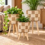 Elevated Two-Tone Woven Planters with Wooden Legs | Set of 3 - Image 2