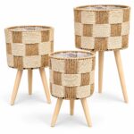 Elevated Two-Tone Woven Planters with Wooden Legs | Set of 3