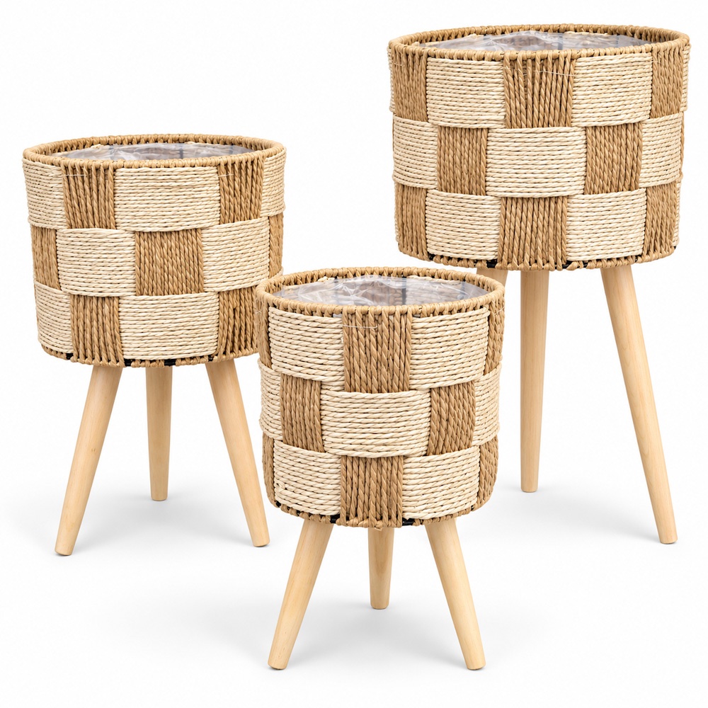 20261014-e3d36442-ba73-4700-9265-ceb20ba05381 Elevated Two-Tone Woven Planters with Wooden Legs | Set of 3 - Image 1