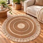Round Two-Tone Woven Area Rug with Tassels | 80 cm - Image 2