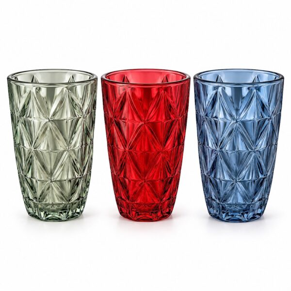 Geometric Colored Long Glass Tumblers | Assorted Set of 12 | 350ml
