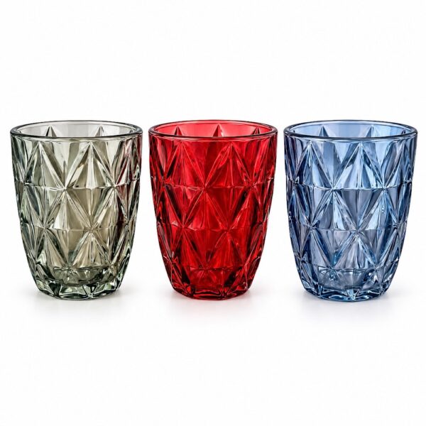 Geometric Colored Short Glass Tumblers | Assorted Set of 12 | 260ml
